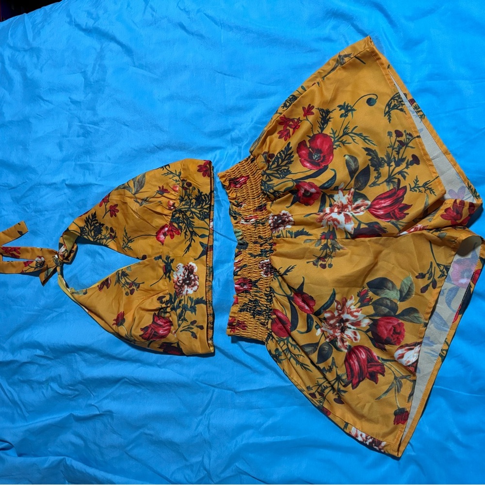 Zaful Yellow Floral Crop Top and Shorts Set